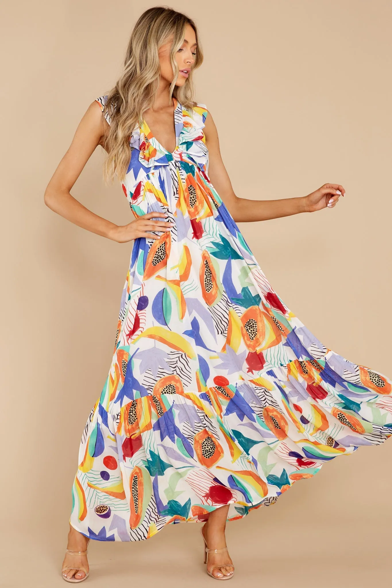 Papaya Yellow Ruffle V-Neck Maxi Dress