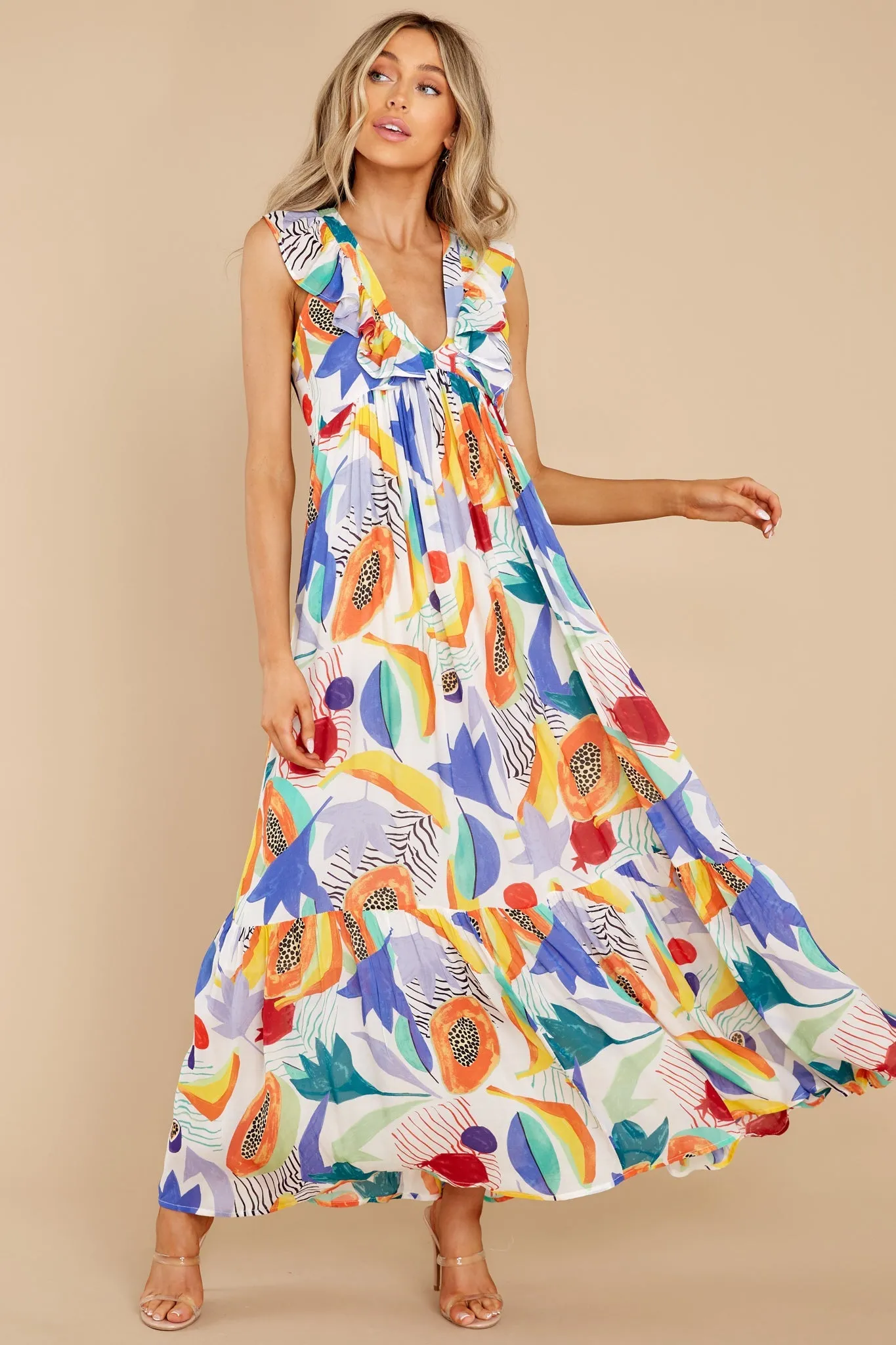 Papaya Yellow Ruffle V-Neck Maxi Dress