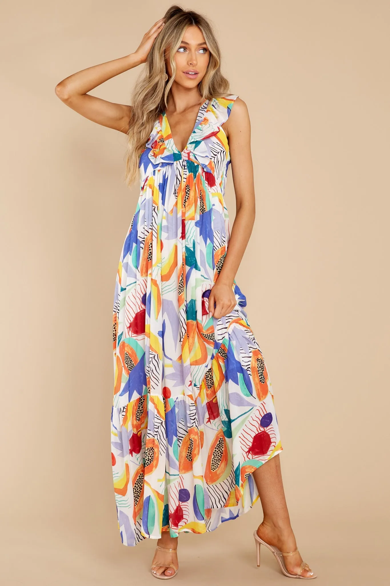 Papaya Yellow Ruffle V-Neck Maxi Dress