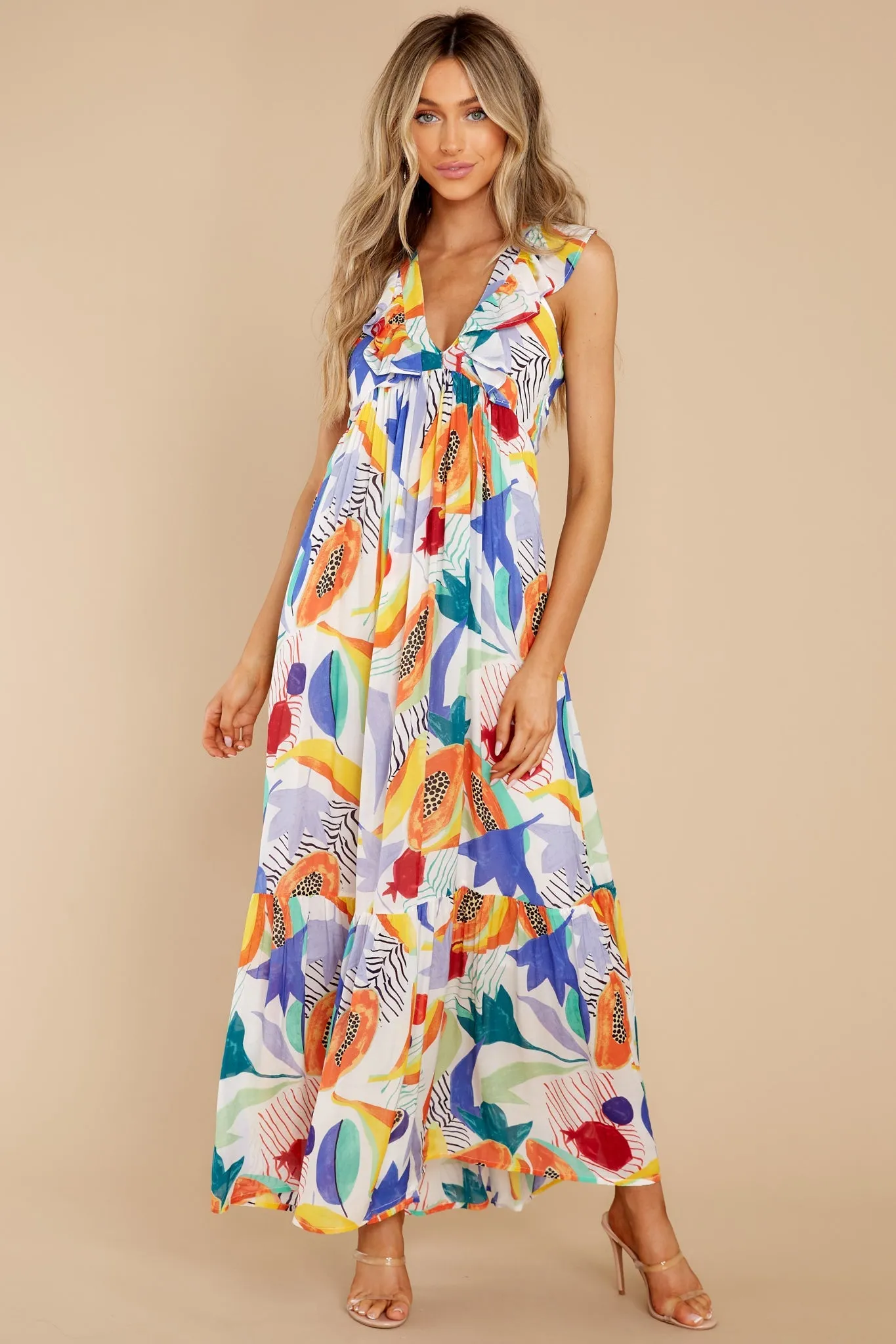 Papaya Yellow Ruffle V-Neck Maxi Dress