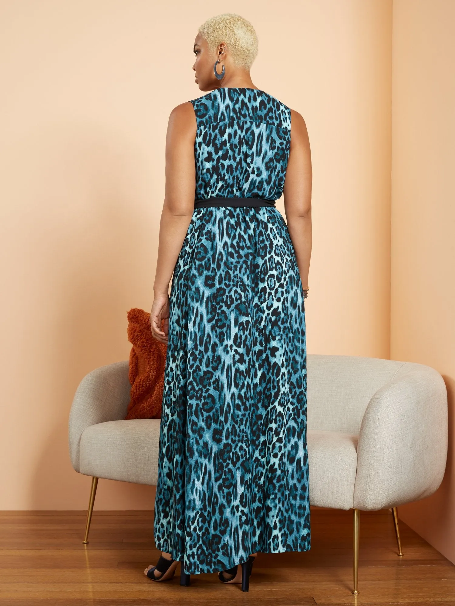 Petite Leopard-Print Belted Sleeveless Maxi Dress