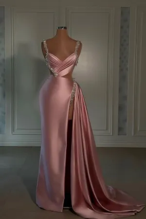 Pink Prom Dress: Sweetheart Spaghetti Strap with High Slit Trail - Glamorous