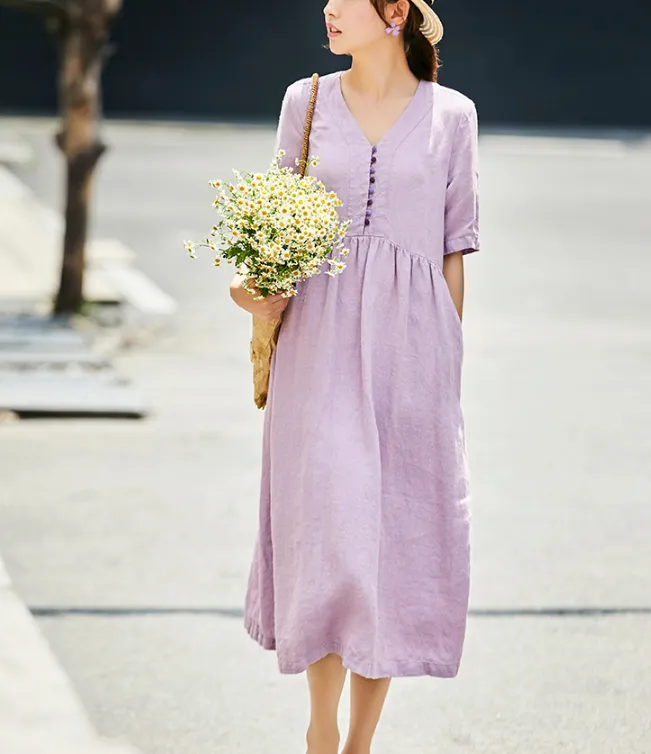 Pink Women Dresses, Soft Summer Linen Women Dresses 7115