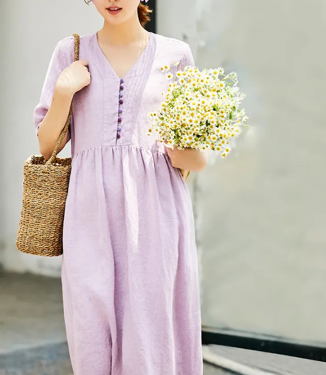 Pink Women Dresses, Soft Summer Linen Women Dresses 7115