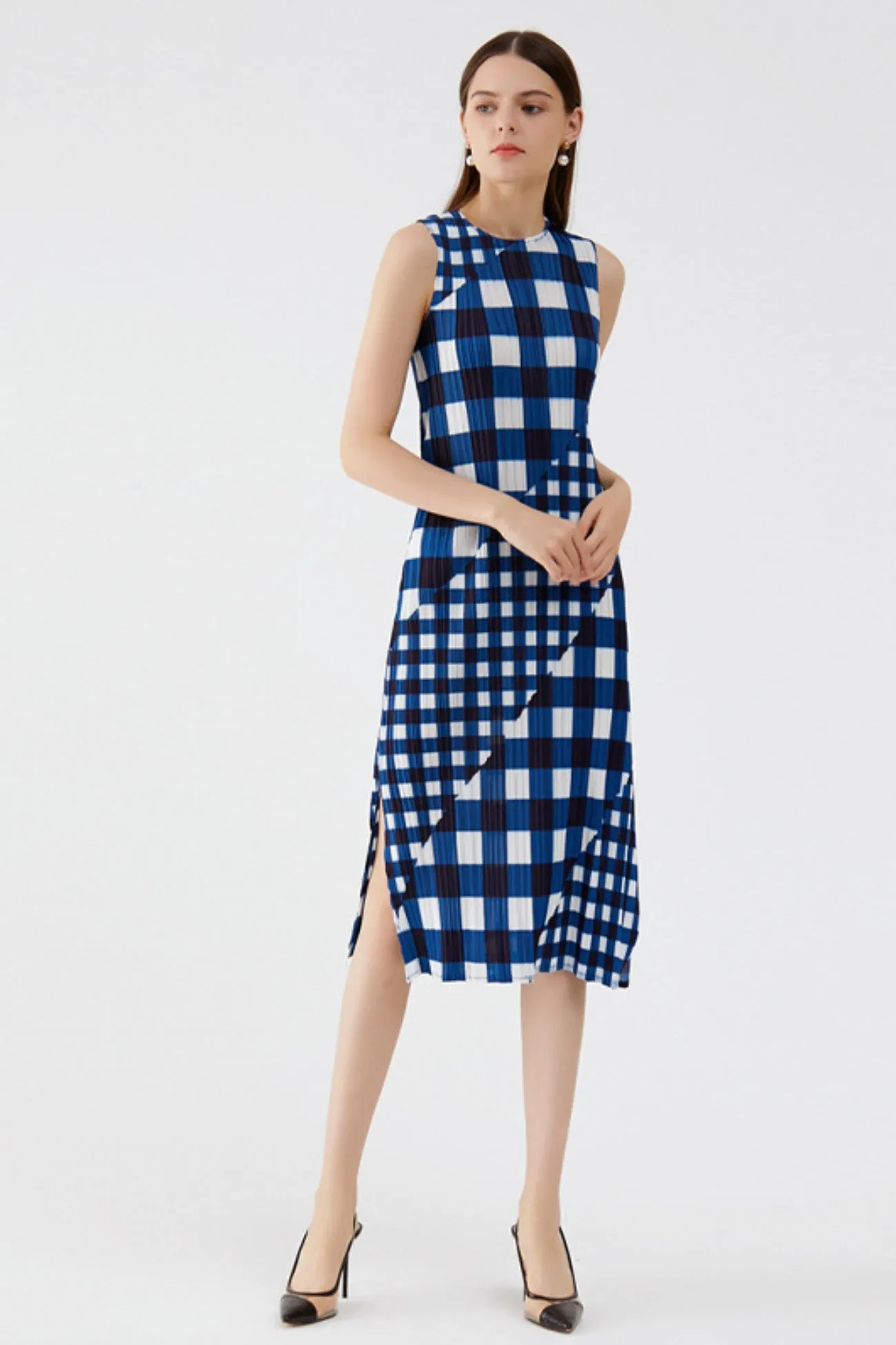 Plaid Print Sleeveless Full Pleated Dress