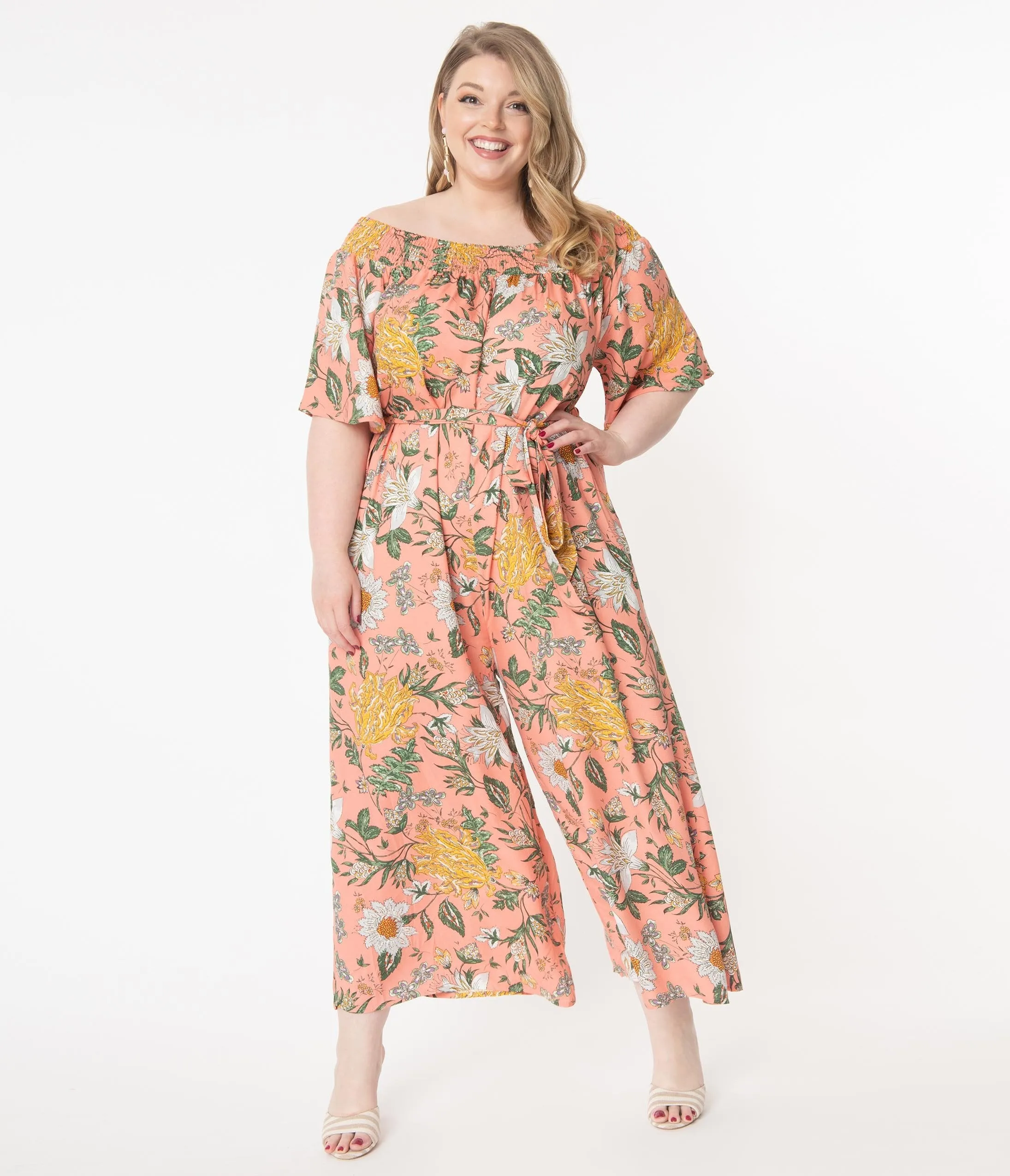 Plus Size Hot Coral & Multi Floral Jumpsuit