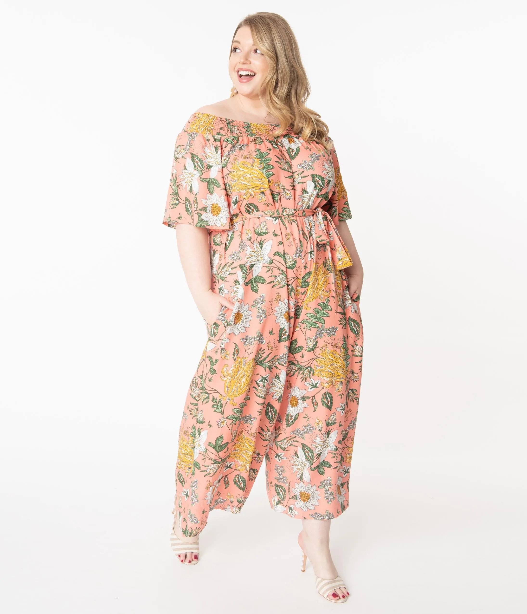 Plus Size Hot Coral & Multi Floral Jumpsuit