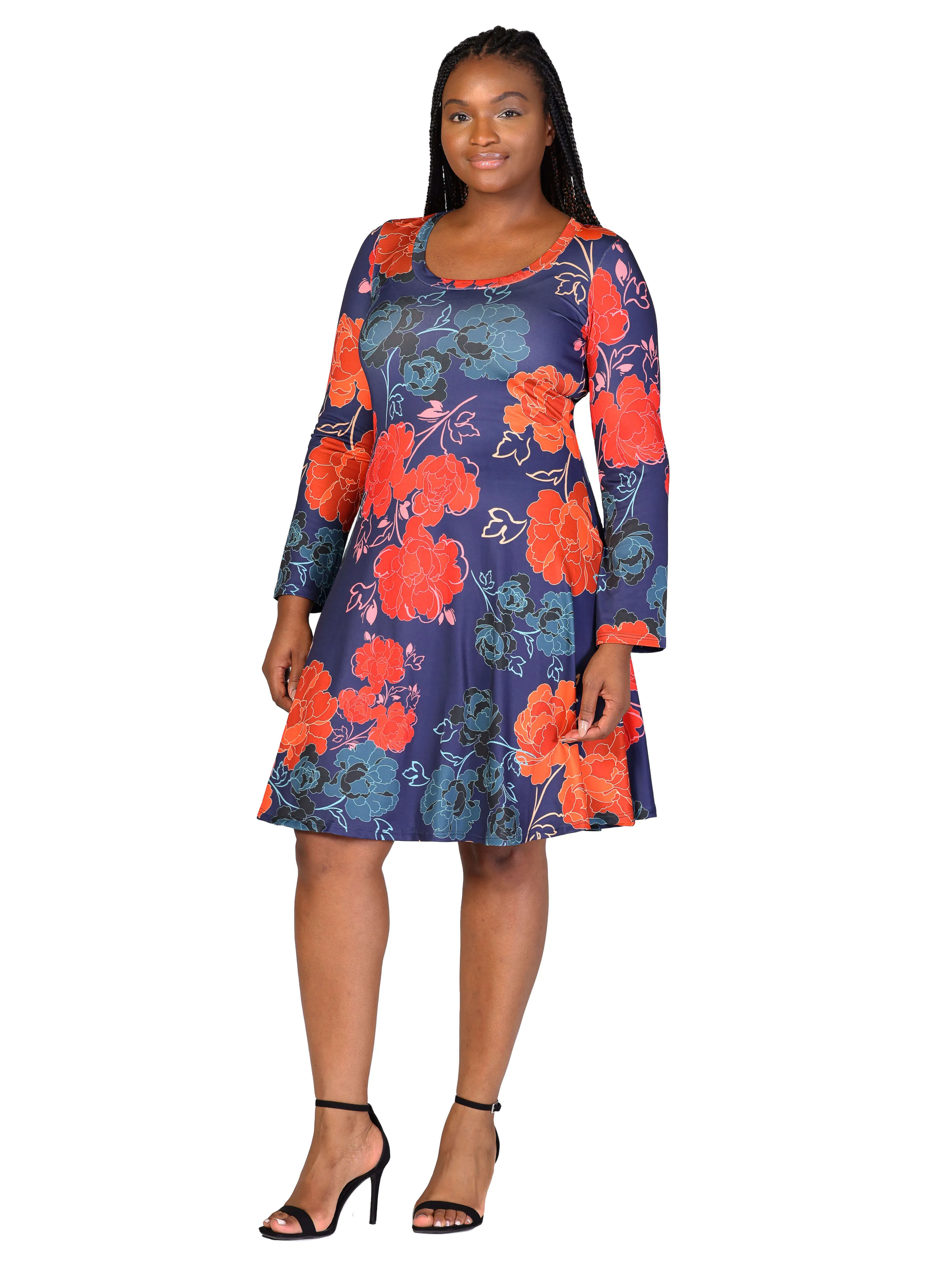 Plus Size Navy Floral Print Long Sleeve Knee Length Dress