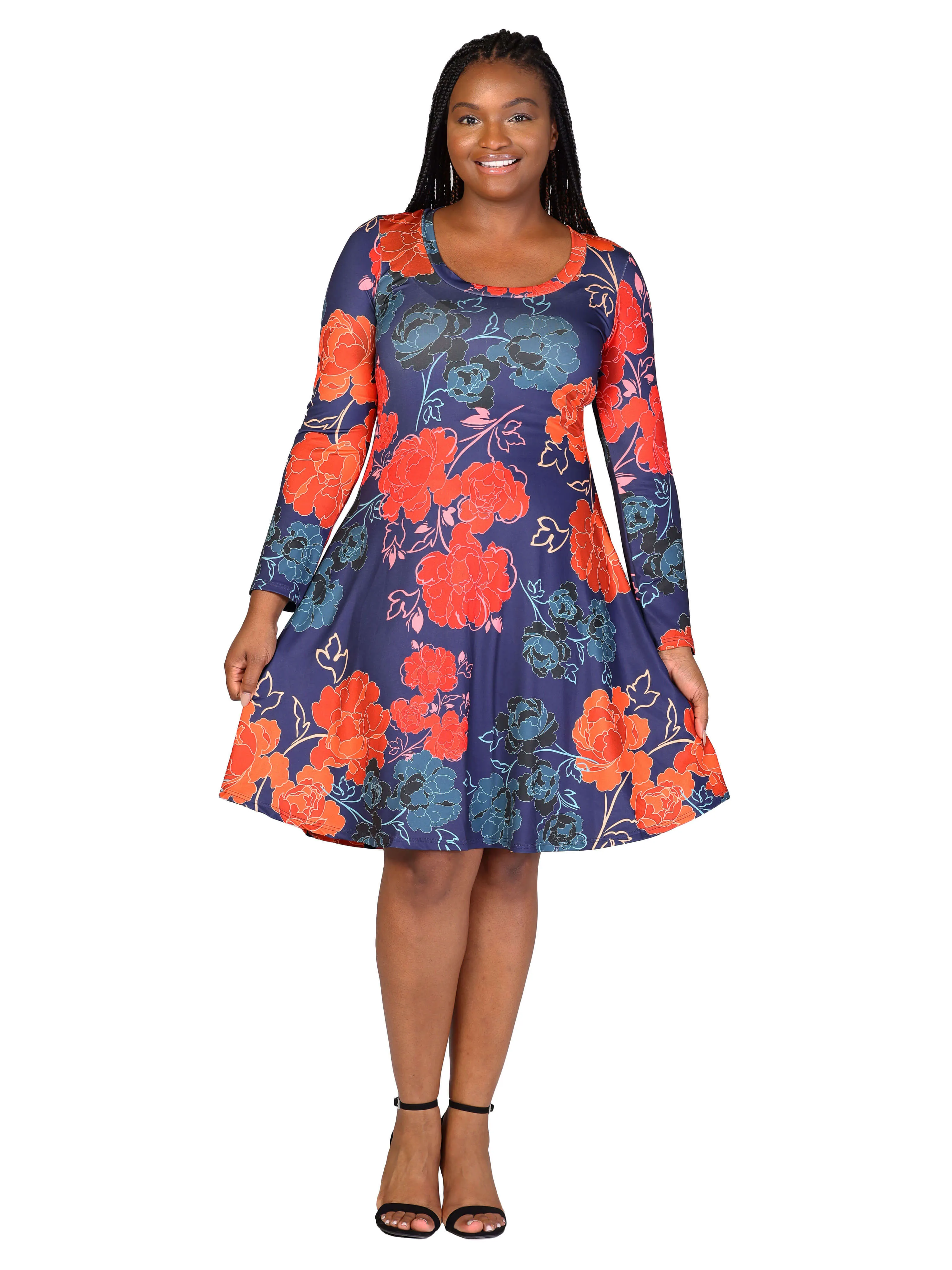 Plus Size Navy Floral Print Long Sleeve Knee Length Dress