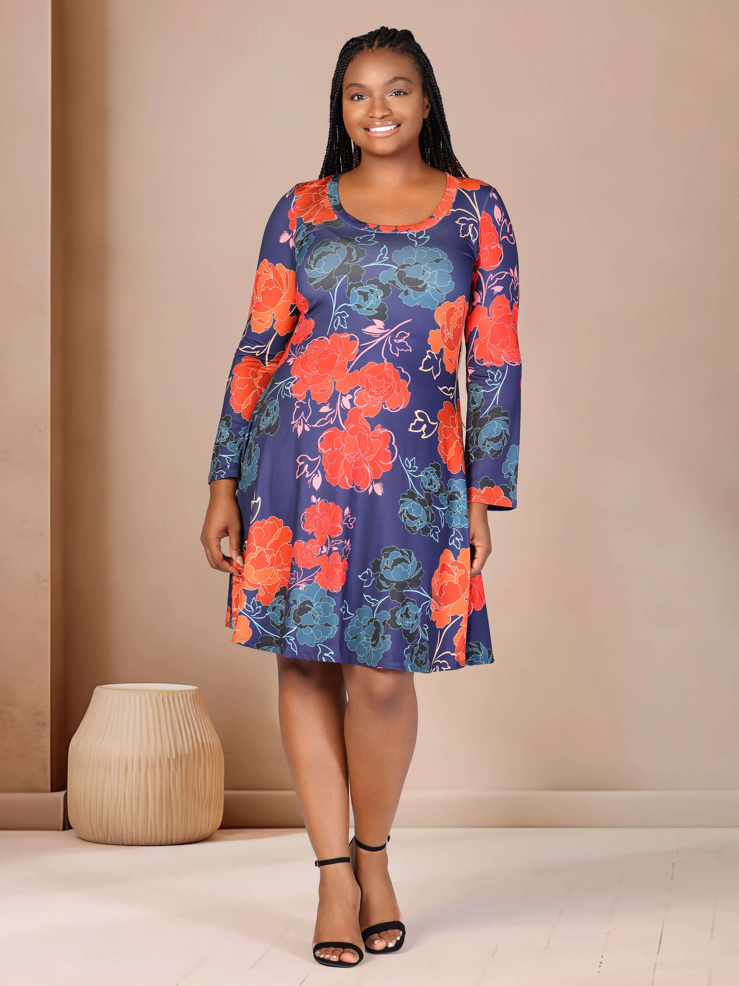 Plus Size Navy Floral Print Long Sleeve Knee Length Dress