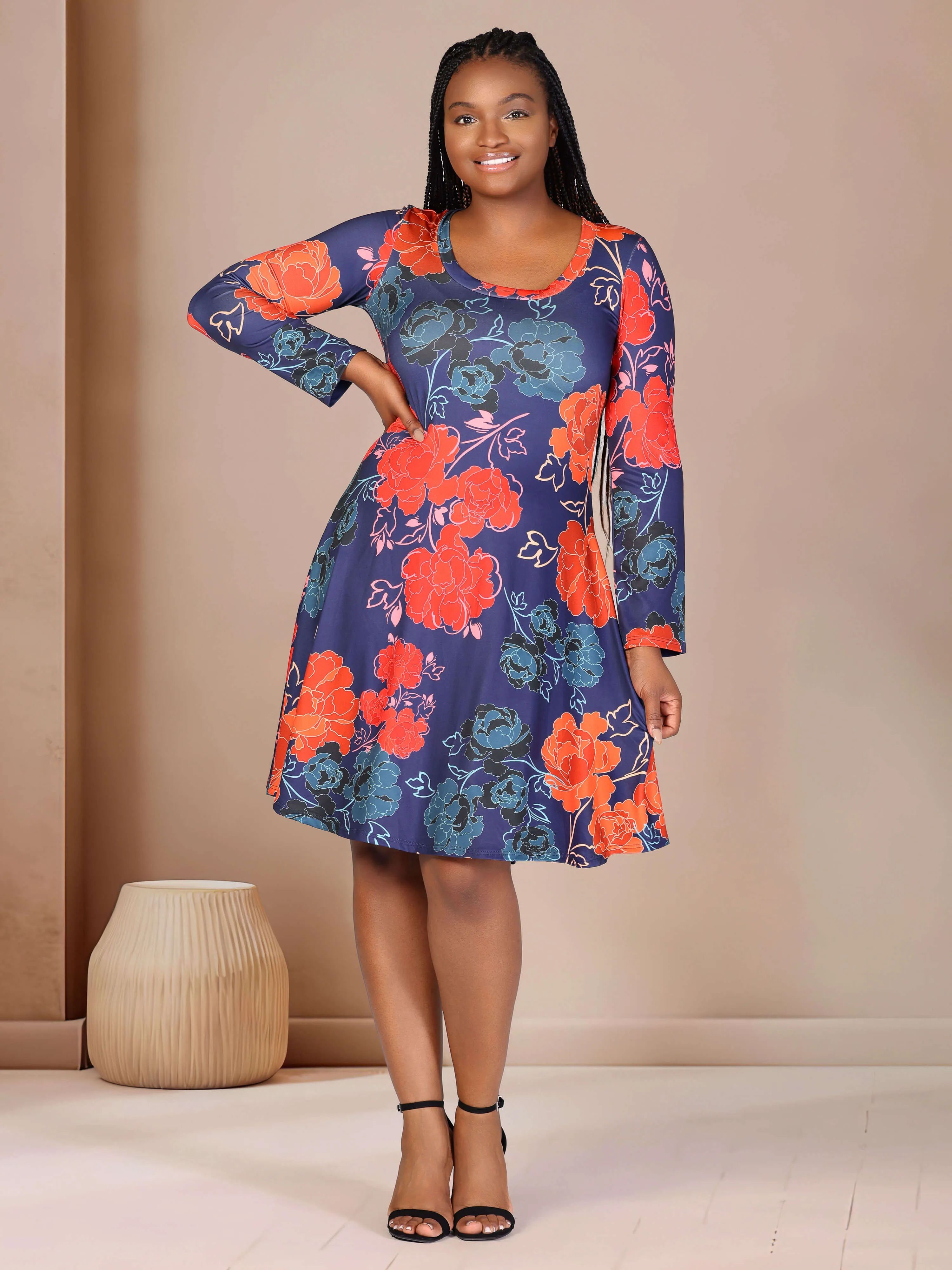 Plus Size Navy Floral Print Long Sleeve Knee Length Dress