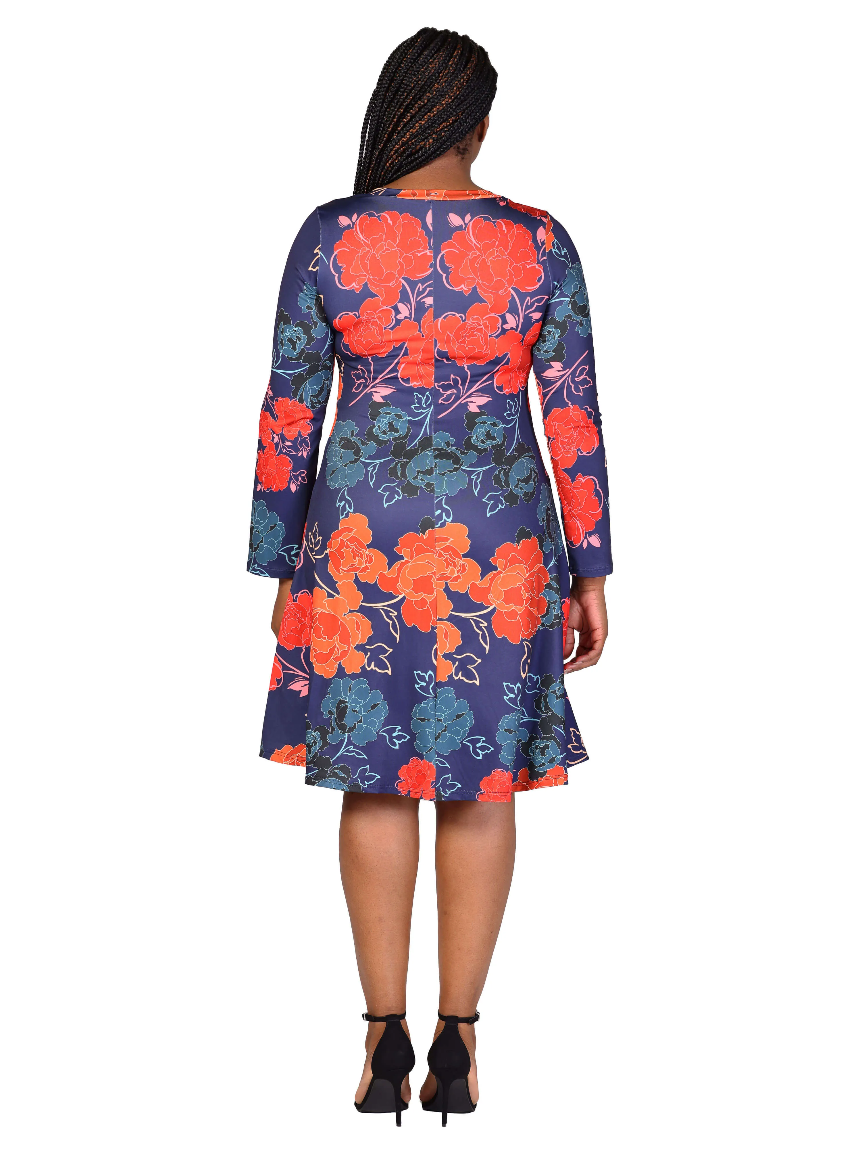 Plus Size Navy Floral Print Long Sleeve Knee Length Dress