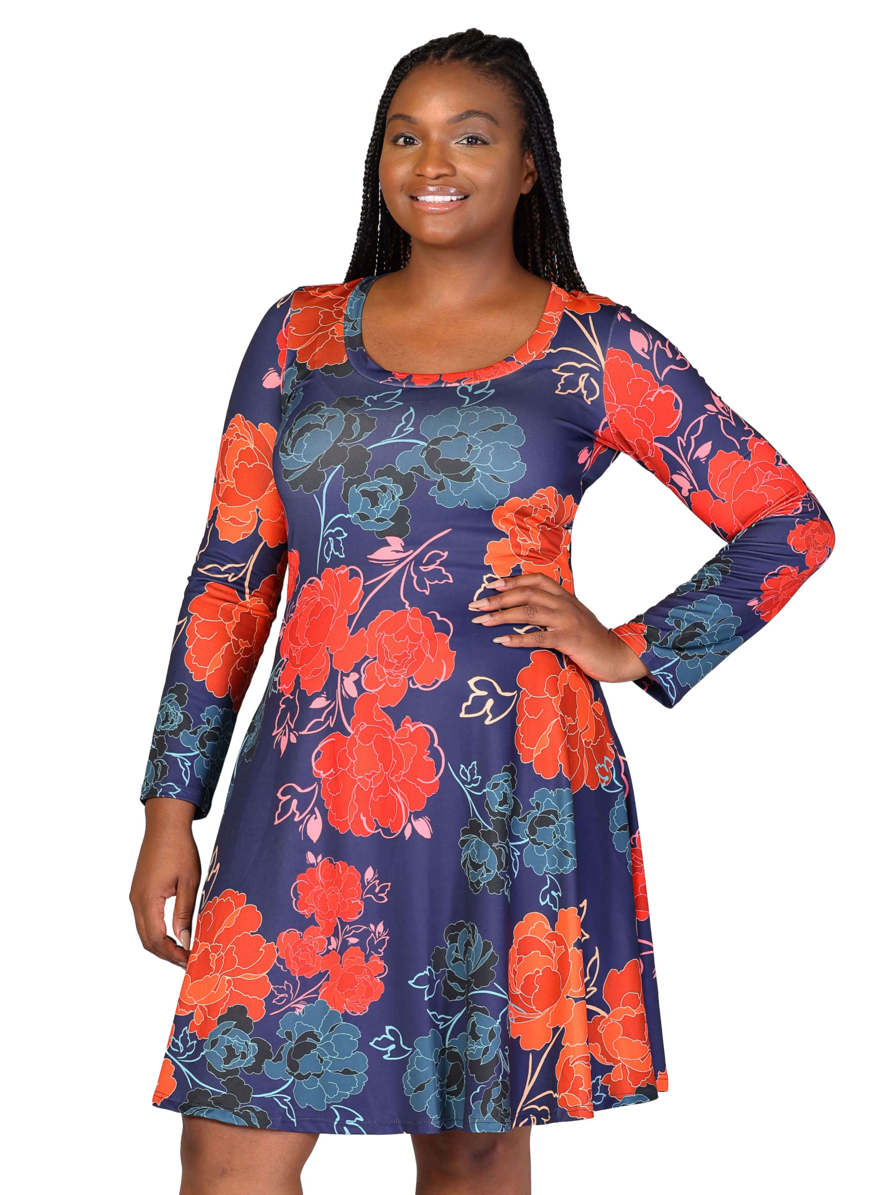 Plus Size Navy Floral Print Long Sleeve Knee Length Dress