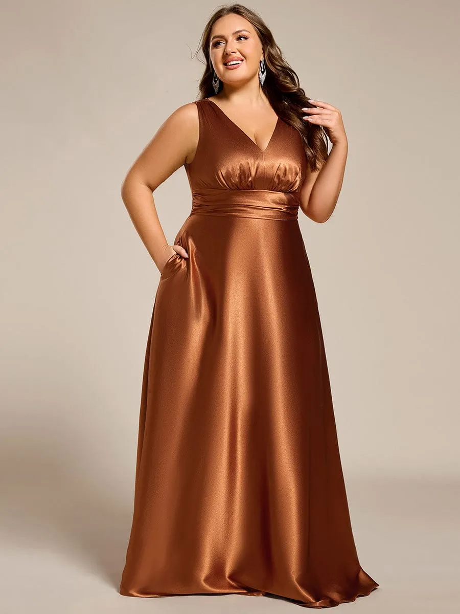 Plus Size Satin Empire Waist Maxi Bridesmaid Dress with Pockets