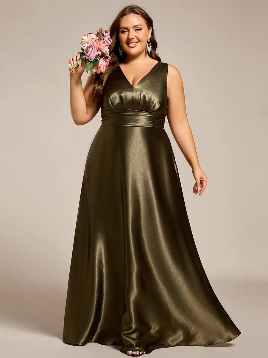 Plus Size Satin Empire Waist Maxi Bridesmaid Dress with Pockets