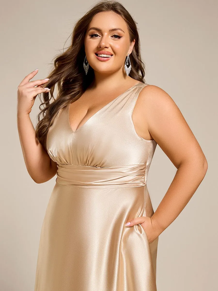 Plus Size Satin Empire Waist Maxi Bridesmaid Dress with Pockets