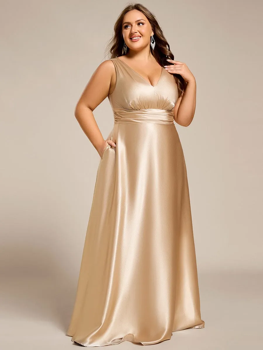 Plus Size Satin Empire Waist Maxi Bridesmaid Dress with Pockets