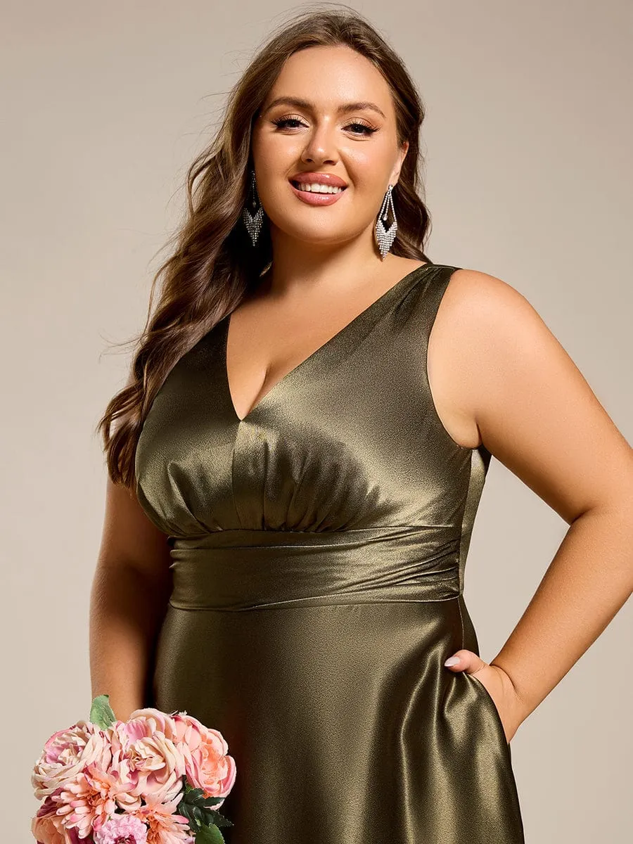 Plus Size Satin Empire Waist Maxi Bridesmaid Dress with Pockets