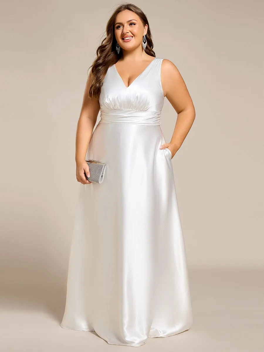 Plus Size Satin Empire Waist Maxi Bridesmaid Dress with Pockets