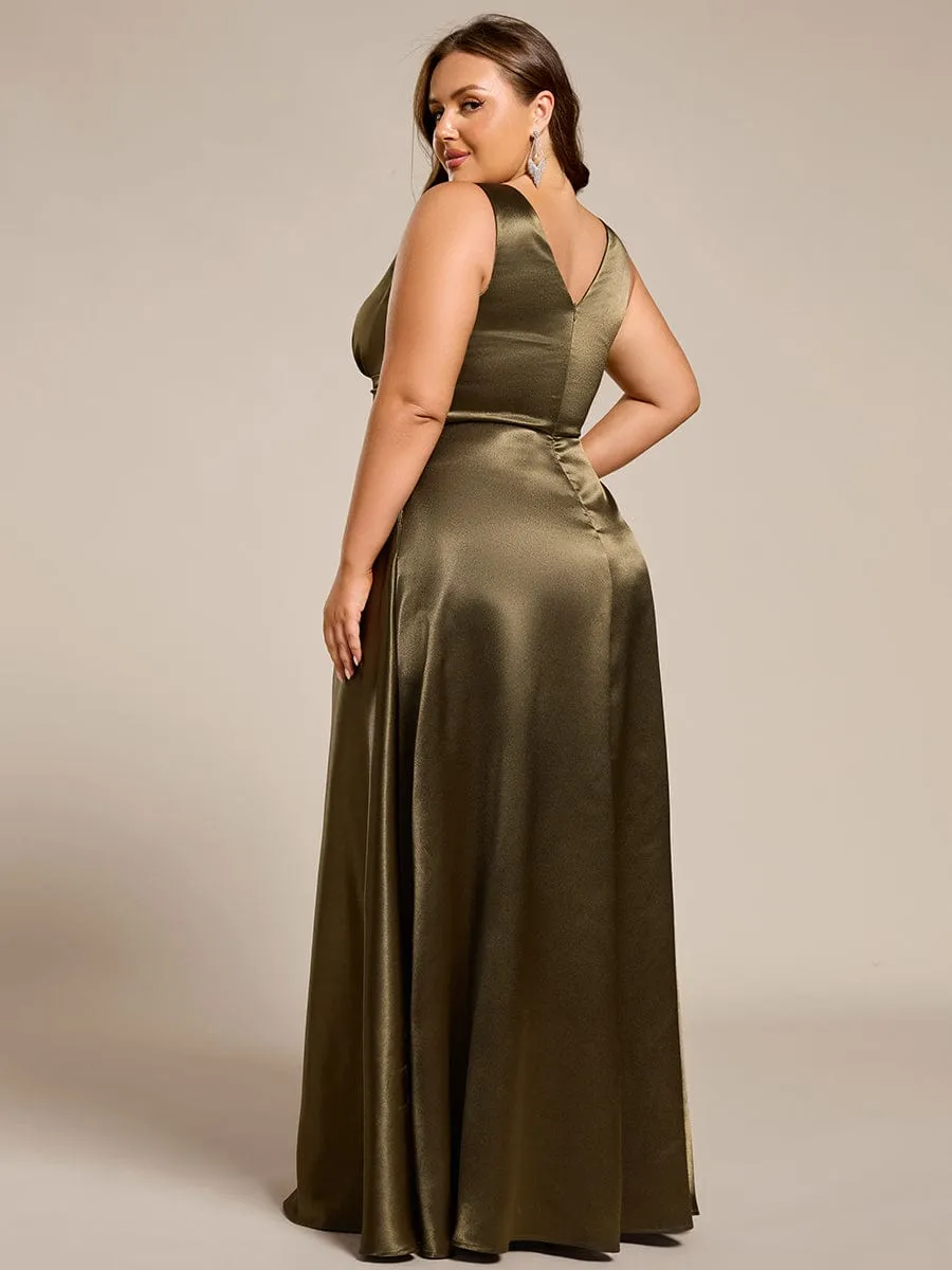 Plus Size Satin Empire Waist Maxi Bridesmaid Dress with Pockets