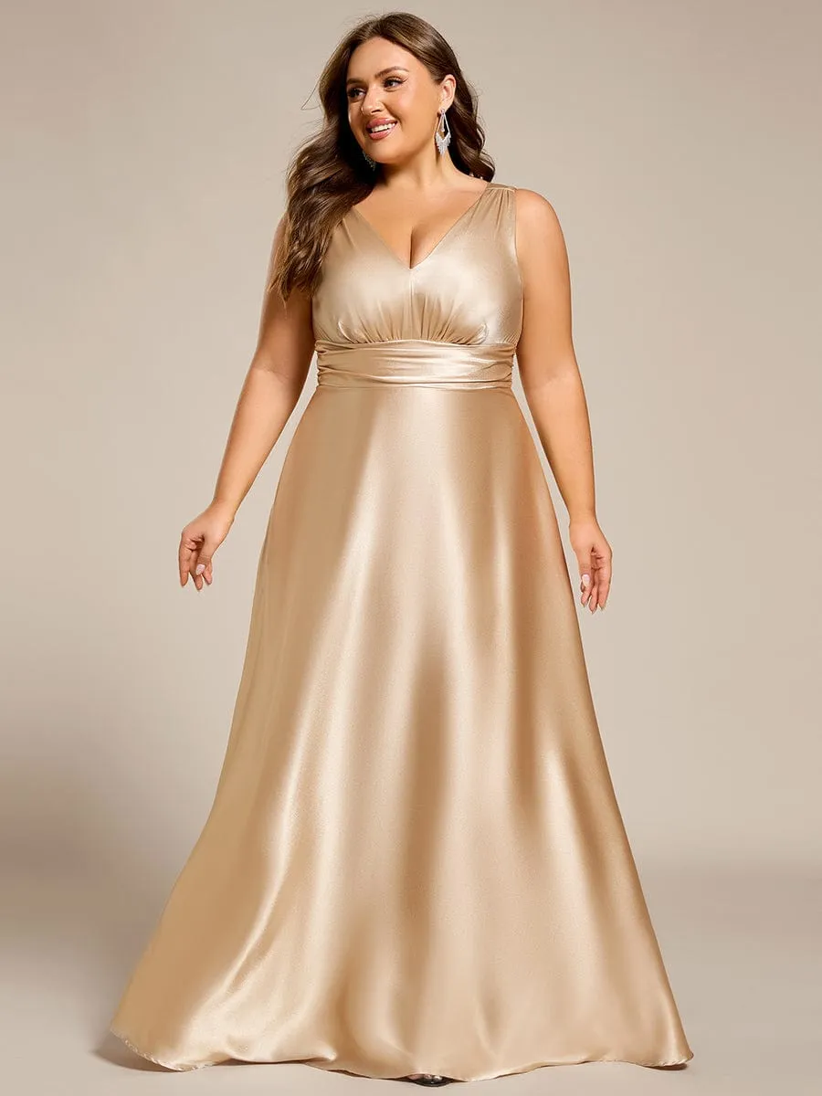 Plus Size Satin Empire Waist Maxi Bridesmaid Dress with Pockets