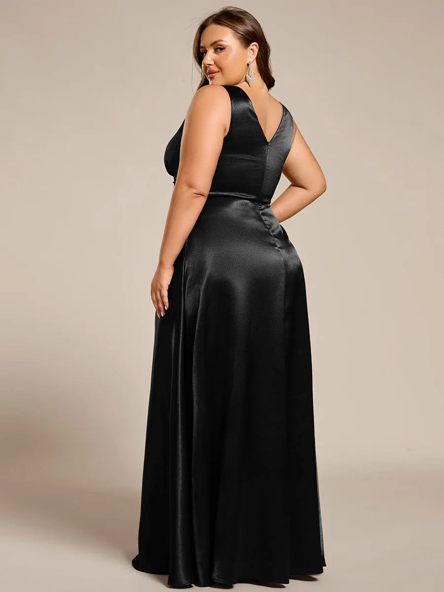 Plus Size Satin Empire Waist Maxi Bridesmaid Dress with Pockets