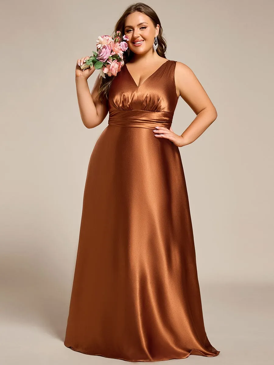 Plus Size Satin Empire Waist Maxi Bridesmaid Dress with Pockets