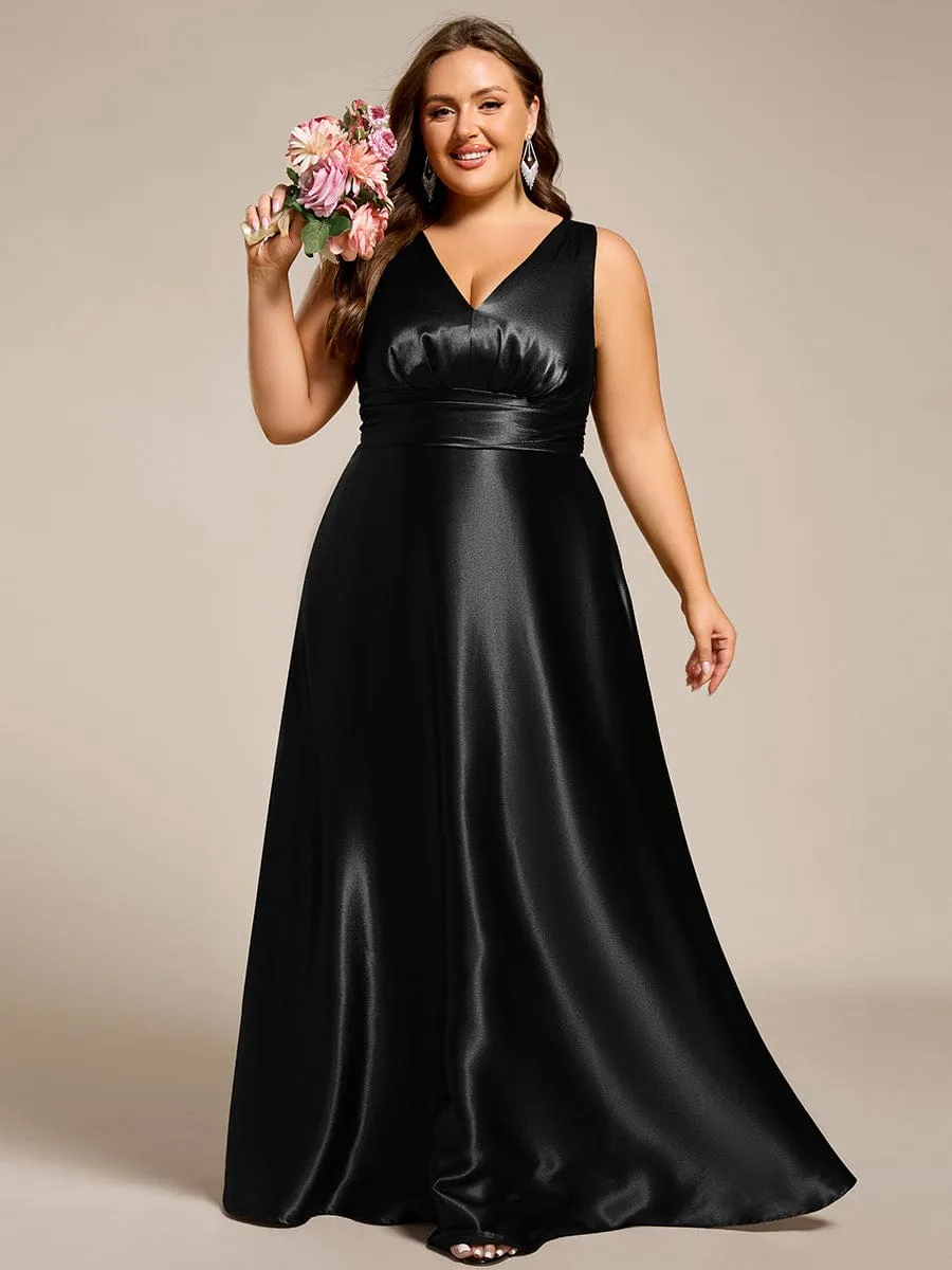 Plus Size Satin Empire Waist Maxi Bridesmaid Dress with Pockets