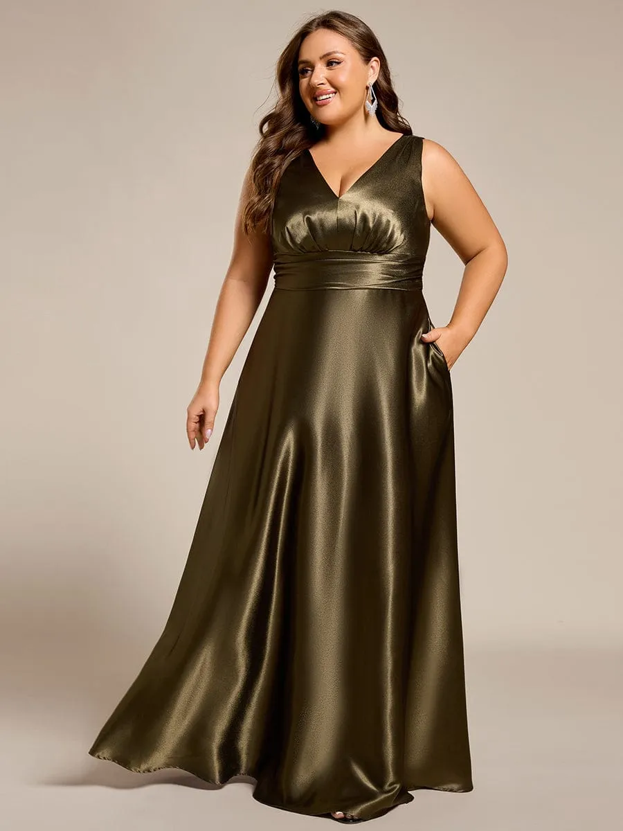 Plus Size Satin Empire Waist Maxi Bridesmaid Dress with Pockets