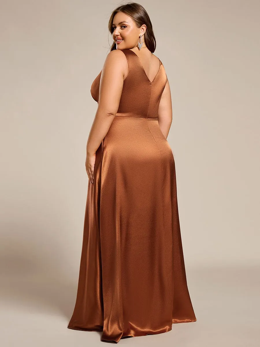 Plus Size Satin Empire Waist Maxi Bridesmaid Dress with Pockets