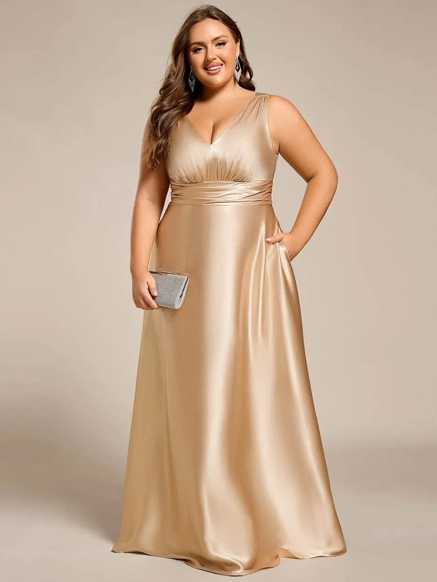 Plus Size Satin Empire Waist Maxi Bridesmaid Dress with Pockets