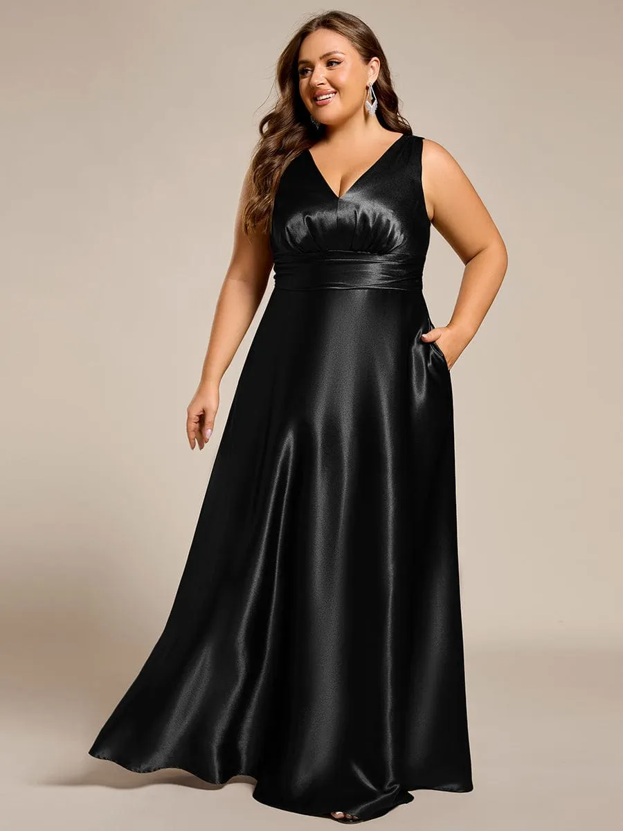 Plus Size Satin Empire Waist Maxi Bridesmaid Dress with Pockets