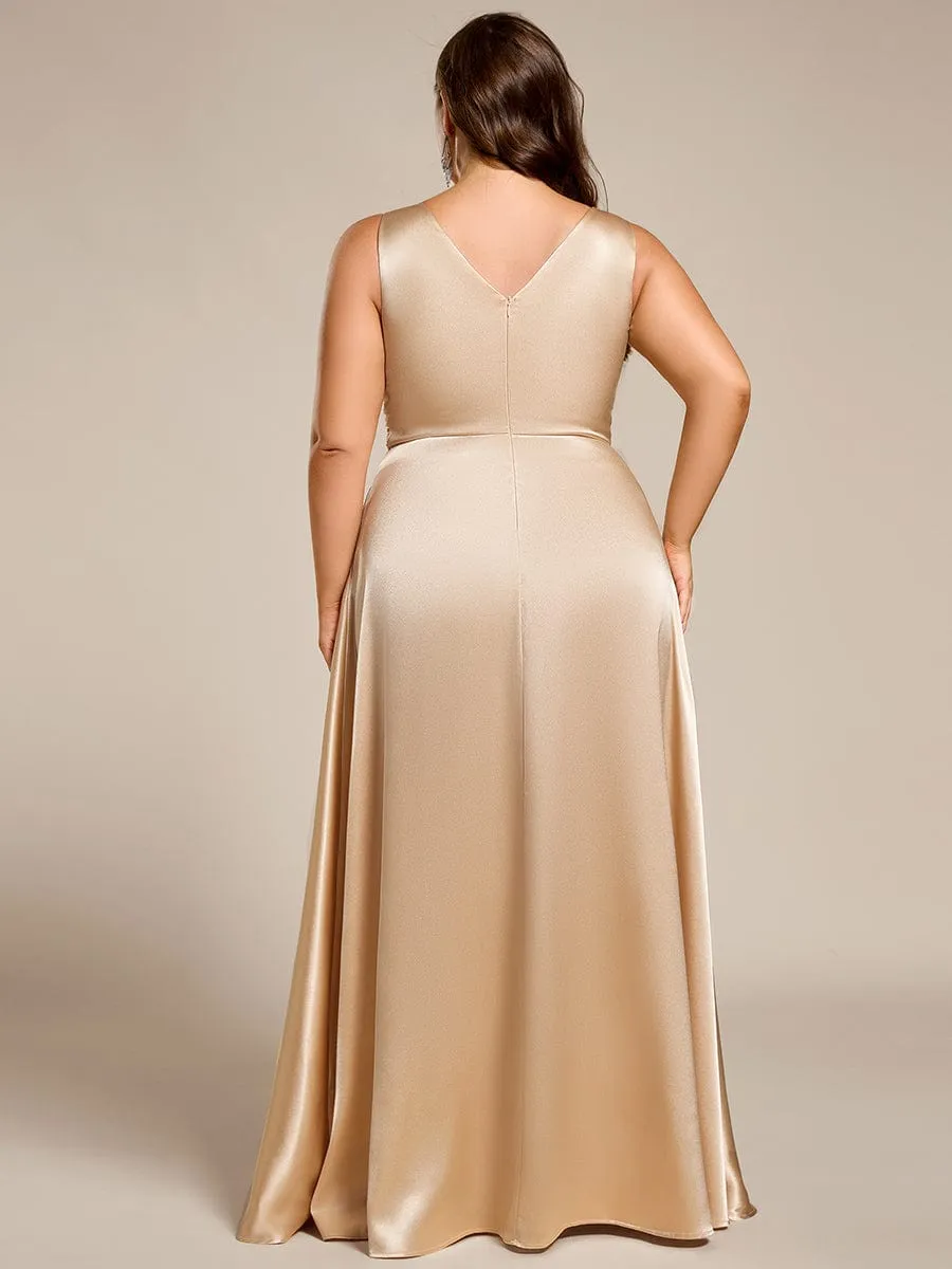 Plus Size Satin Empire Waist Maxi Bridesmaid Dress with Pockets