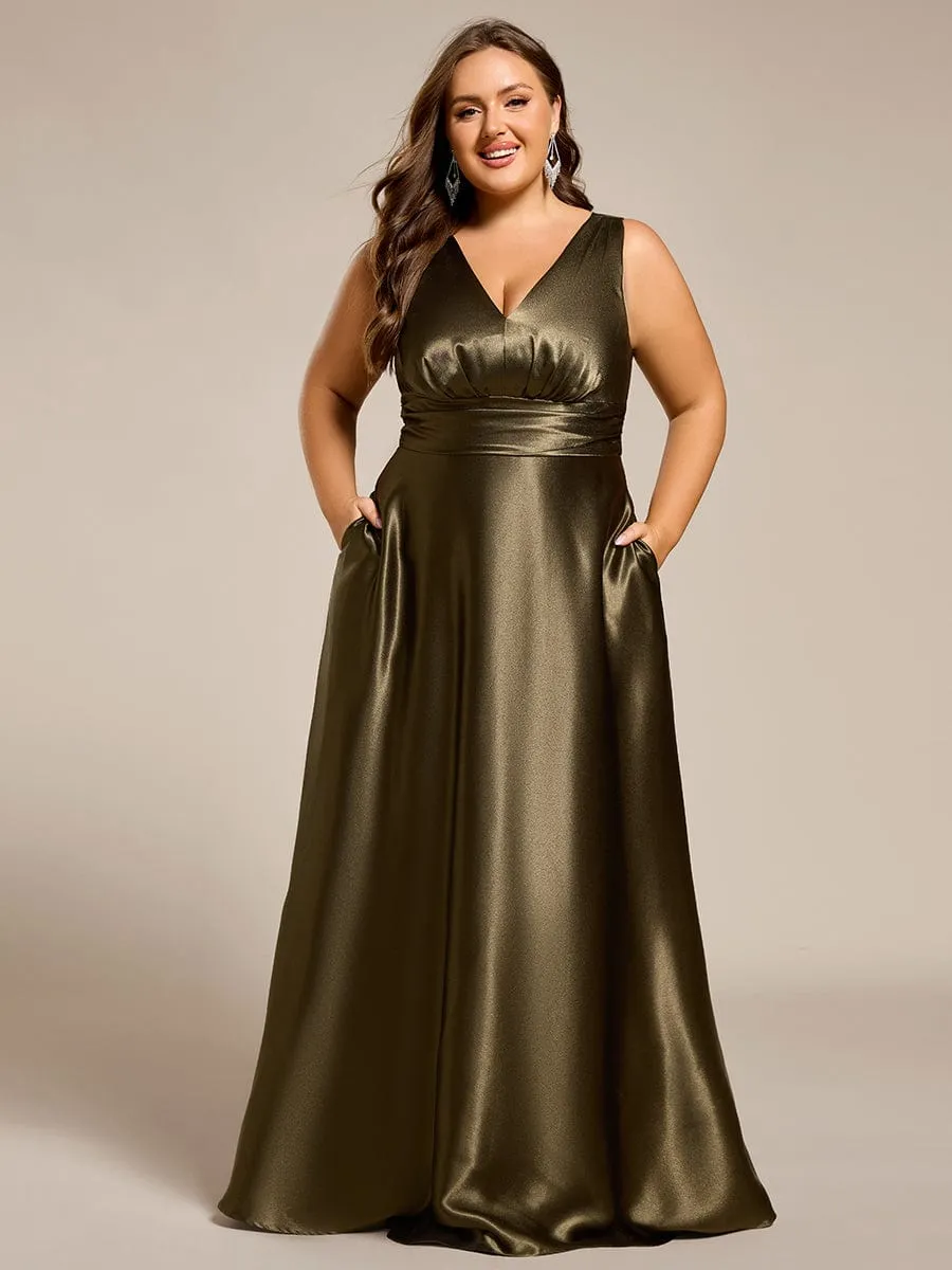 Plus Size Satin Empire Waist Maxi Bridesmaid Dress with Pockets