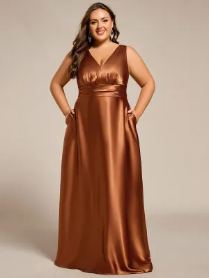 Plus Size Satin Empire Waist Maxi Bridesmaid Dress with Pockets