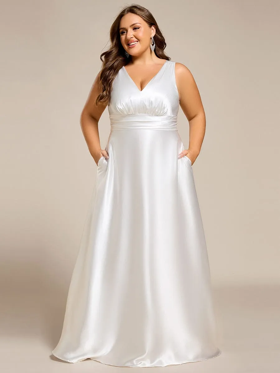 Plus Size Satin Empire Waist Maxi Bridesmaid Dress with Pockets