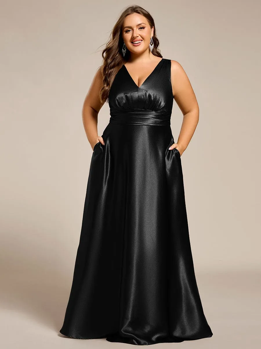 Plus Size Satin Empire Waist Maxi Bridesmaid Dress with Pockets