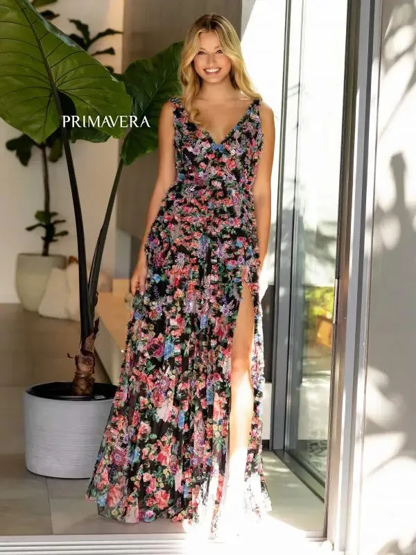 Primavera Couture 4167 Long Prom Dress Floral Print Beaded Fitted Body High Slit Formal  Gown