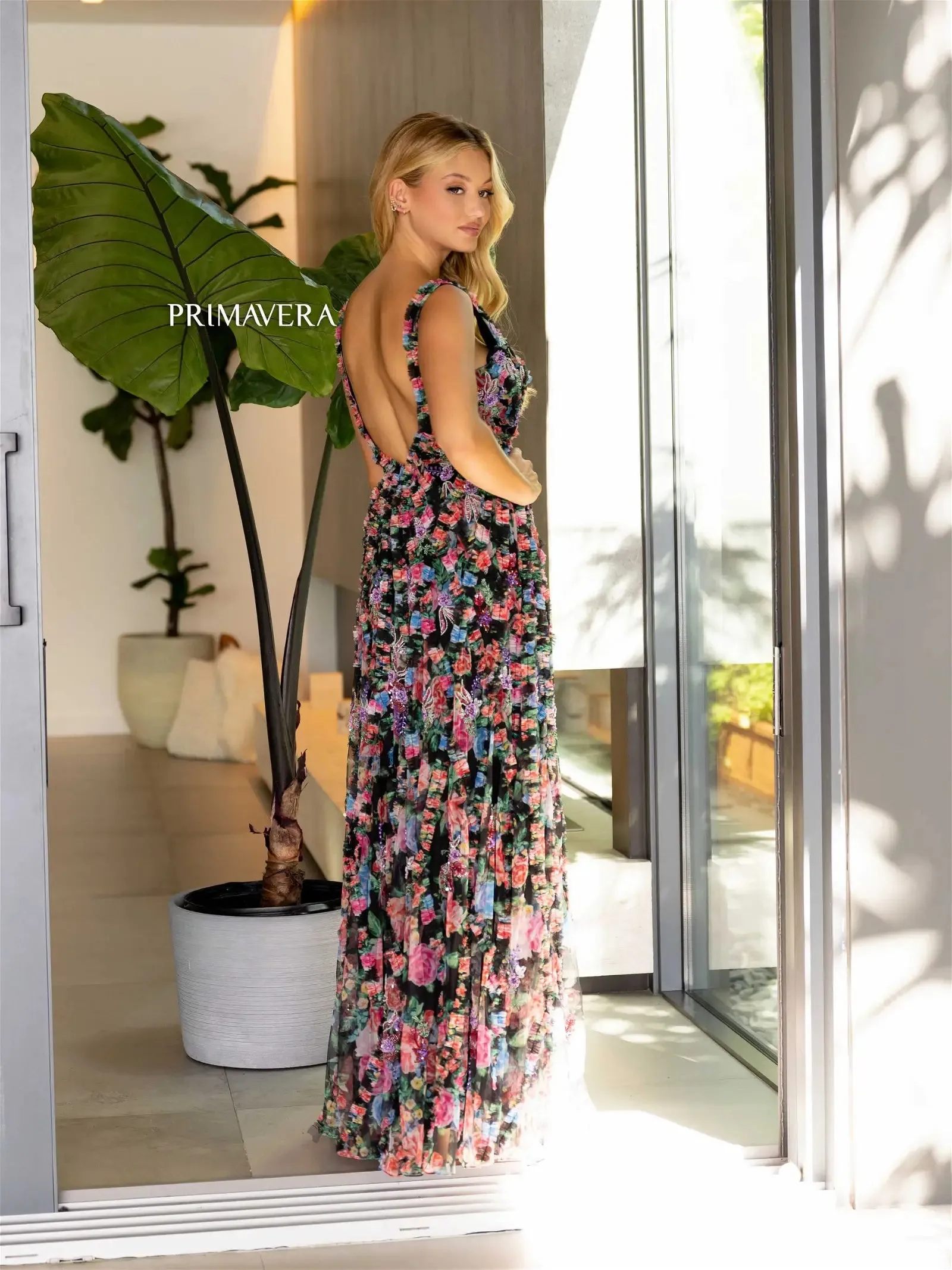 Primavera Couture 4167 Long Prom Dress Floral Print Beaded Fitted Body High Slit Formal  Gown