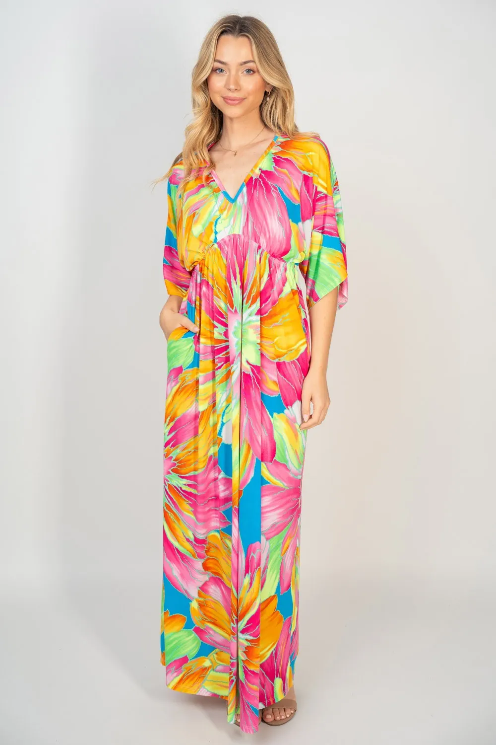 Printed V-Neck Maxi Dress with Pockets