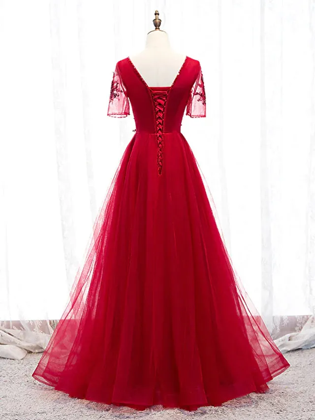 Prom Dresses Luxurious Dress Wedding Guest Floor Length Short Sleeve Spaghetti Strap Tulle with Beading Appliques