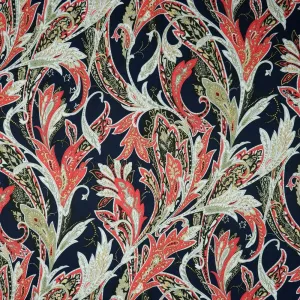 Red and Green Patterns on Navy Polyester Fabric