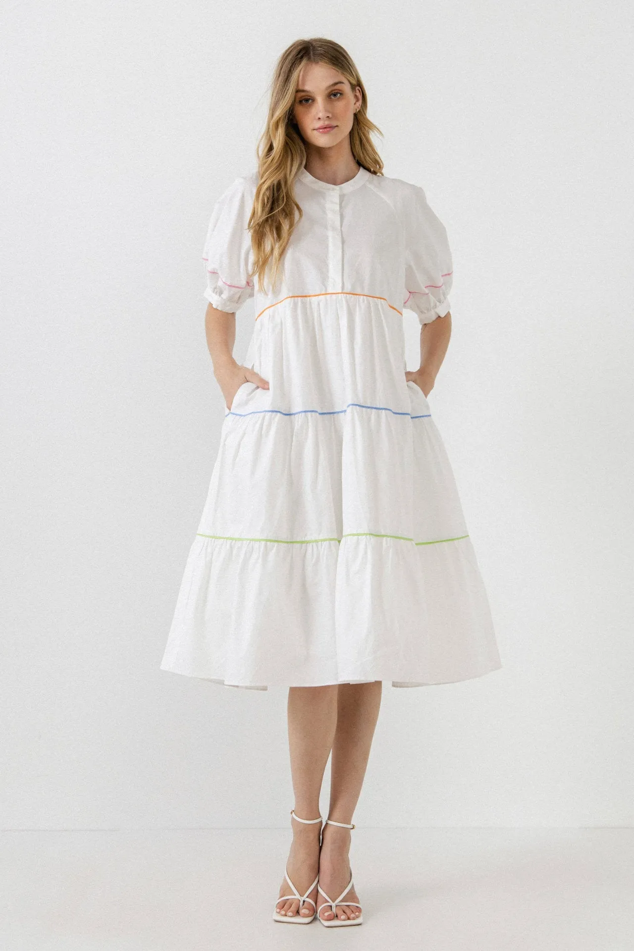 Short Puff Sleeve Dress Piping Detail