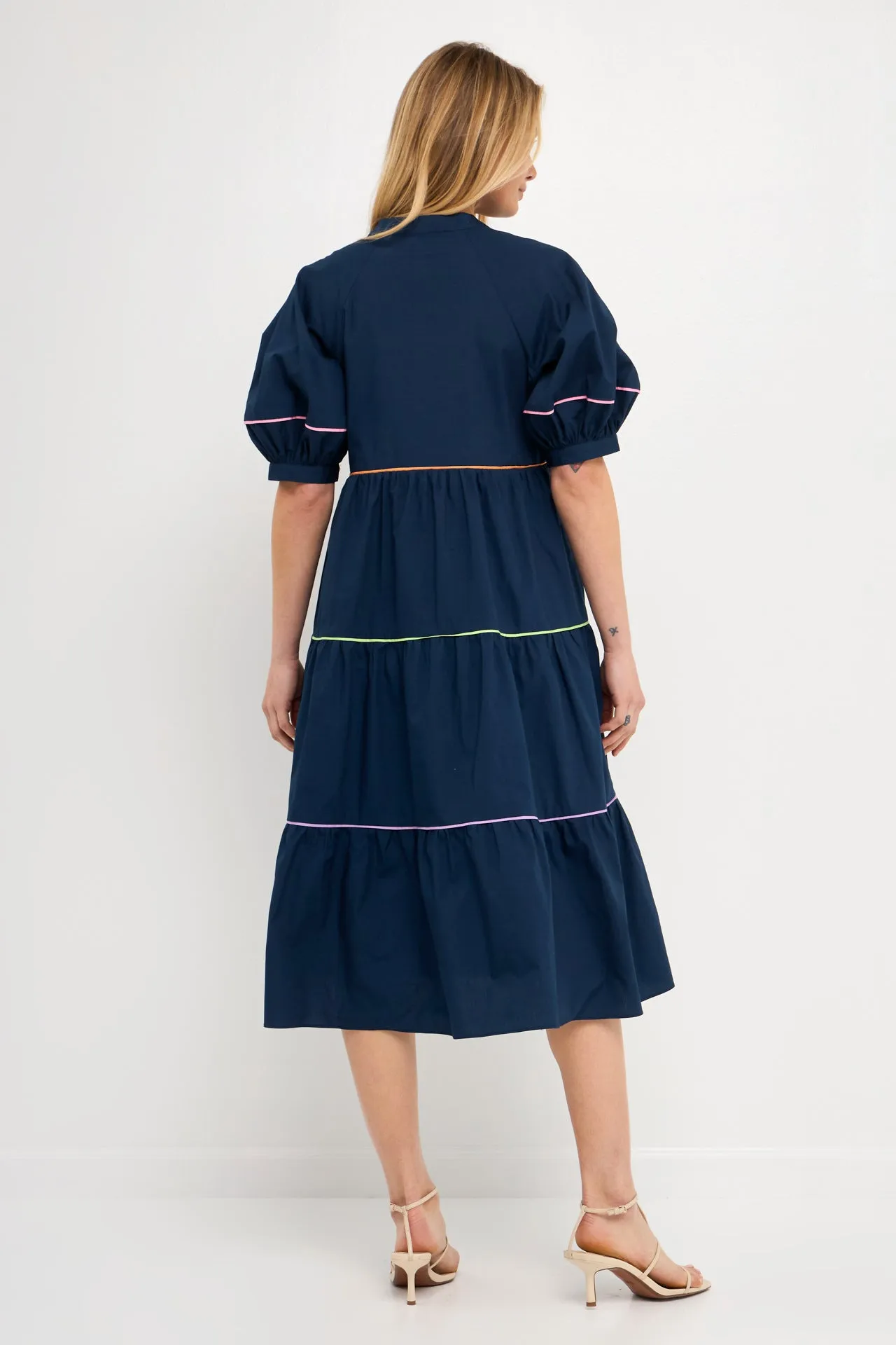 Short Puff Sleeve Dress Piping Detail