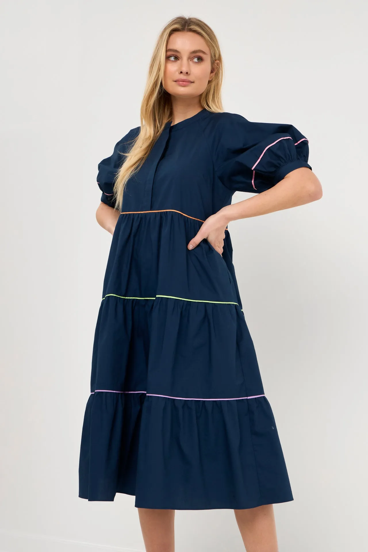 Short Puff Sleeve Dress Piping Detail