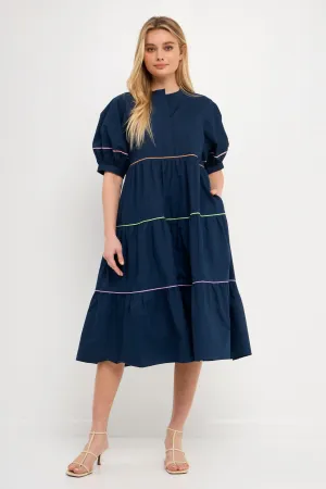 Short Puff Sleeve Dress Piping Detail