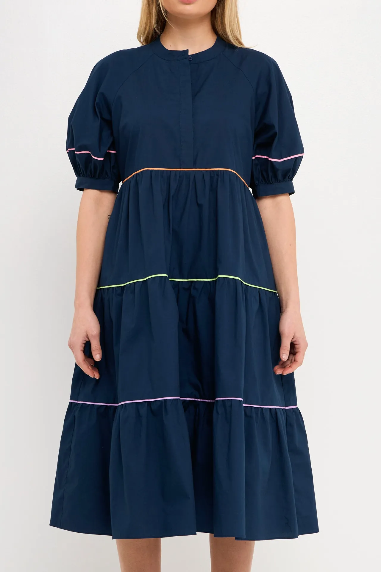 Short Puff Sleeve Dress Piping Detail