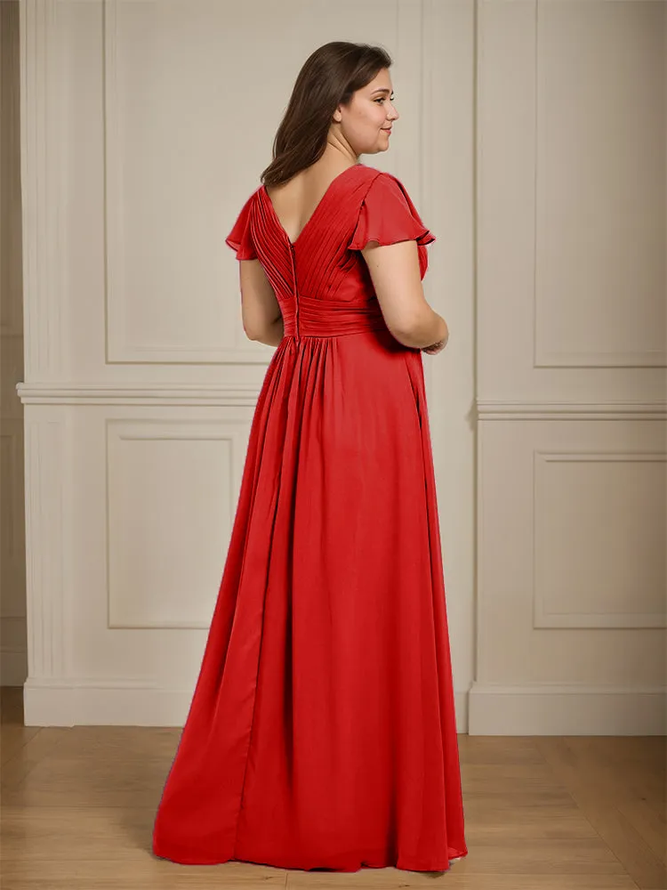 Short Sleeves Chiffon A-line V Neck Long Plus Size Bridesmaid Dresses