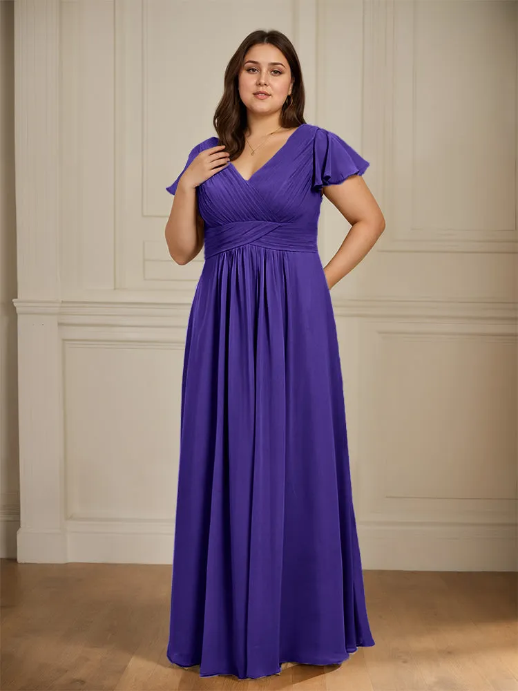 Short Sleeves Chiffon A-line V Neck Long Plus Size Bridesmaid Dresses