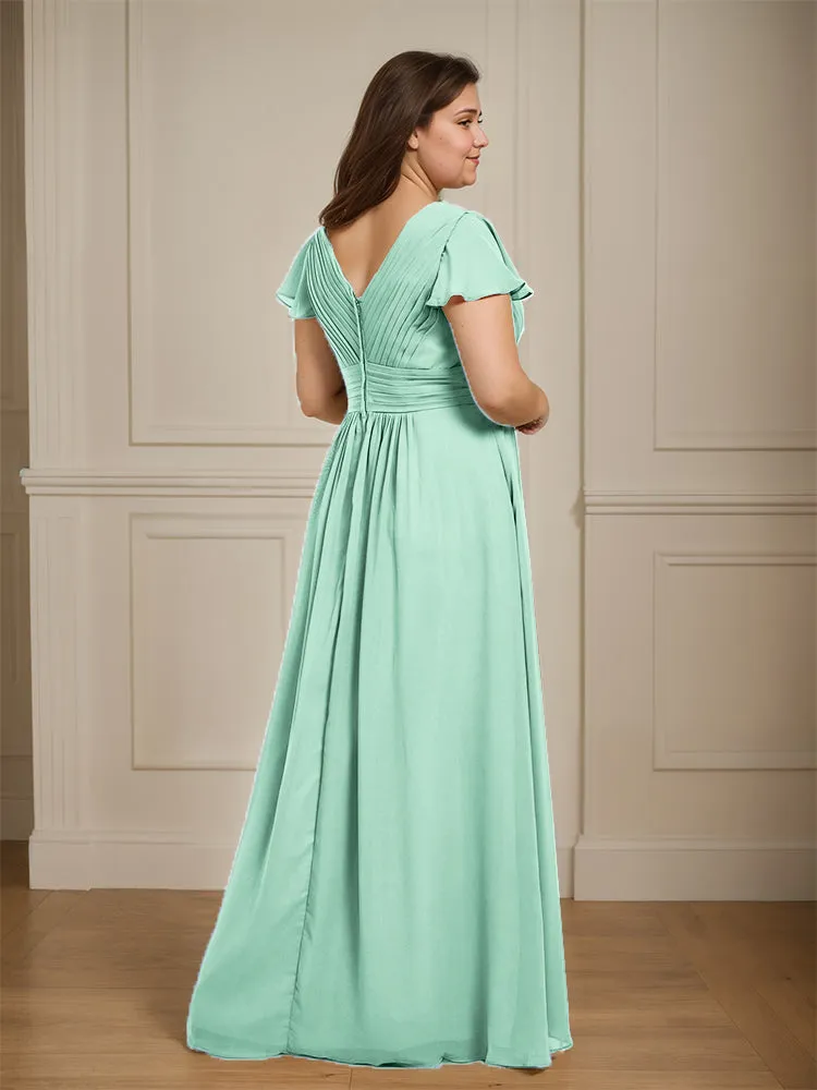 Short Sleeves Chiffon A-line V Neck Long Plus Size Bridesmaid Dresses